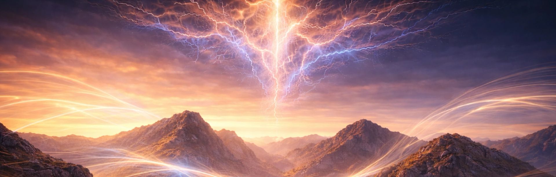Colorado Rocky Mountain plasma landscape at dusk — lightning over the peaks