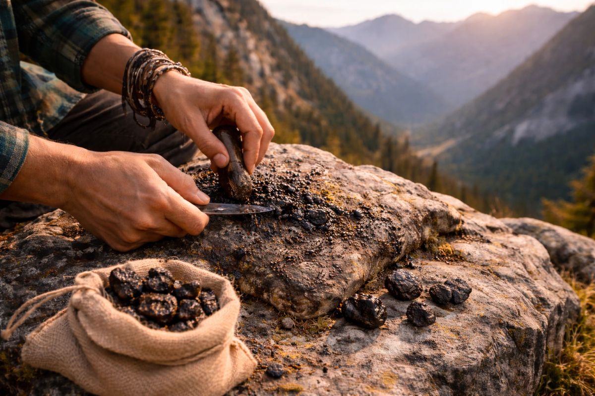 Hands harvesting shilajit from high-altitude rock in the Colorado Rockies