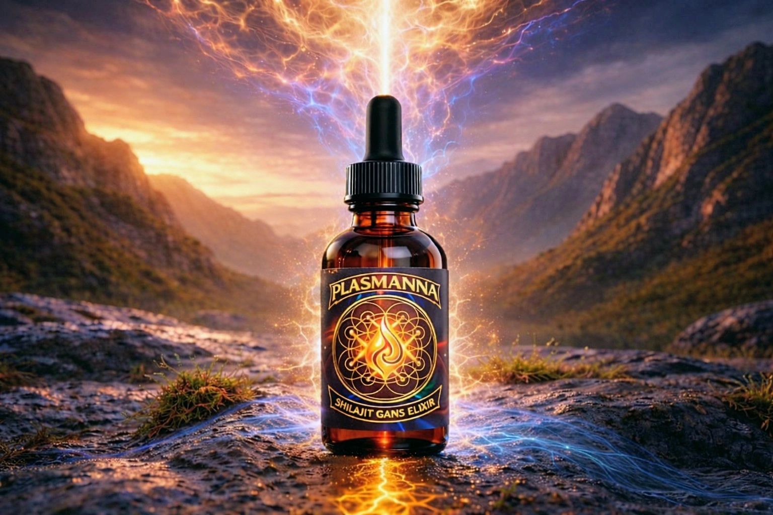 Plasmanna Shilajit GANS Elixir in Colorado mountain landscape