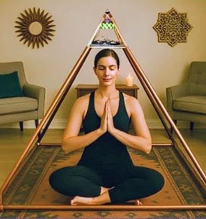 Person meditating inside the Plasmanna Personal Plasma Harmonizer pyramid